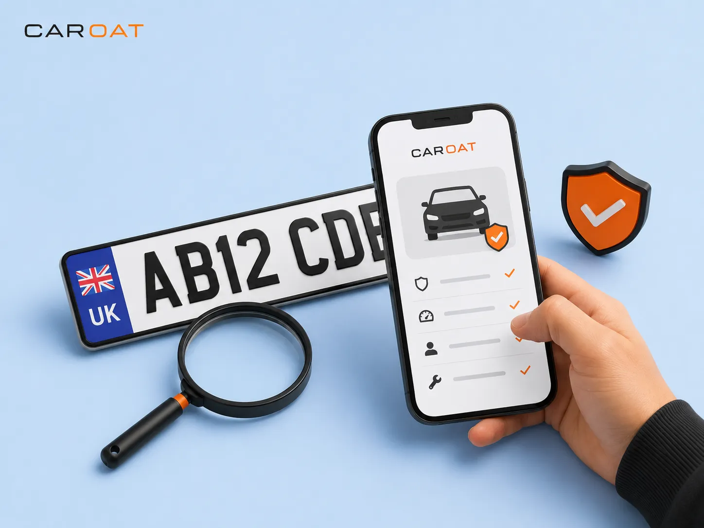 UK registration plate beside a Caroat vehicle check on a phone