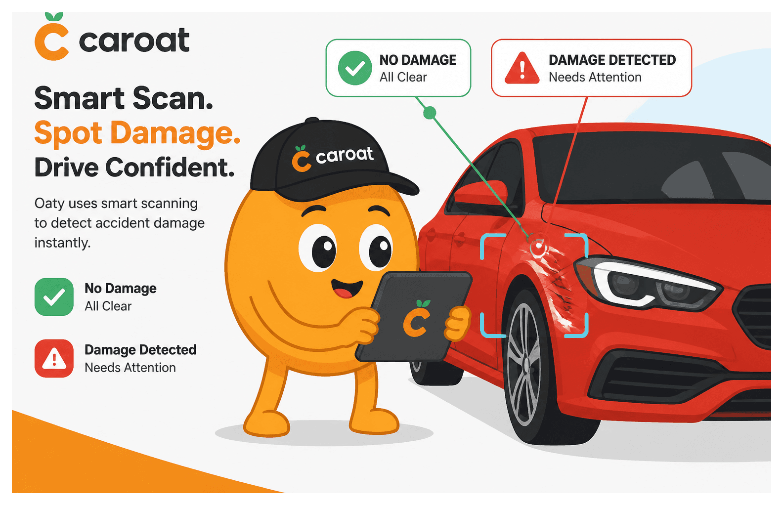 Illustration of Caroat mascot Oaty using a tablet scanner to detect vehicle accident damage and insurance write-off status