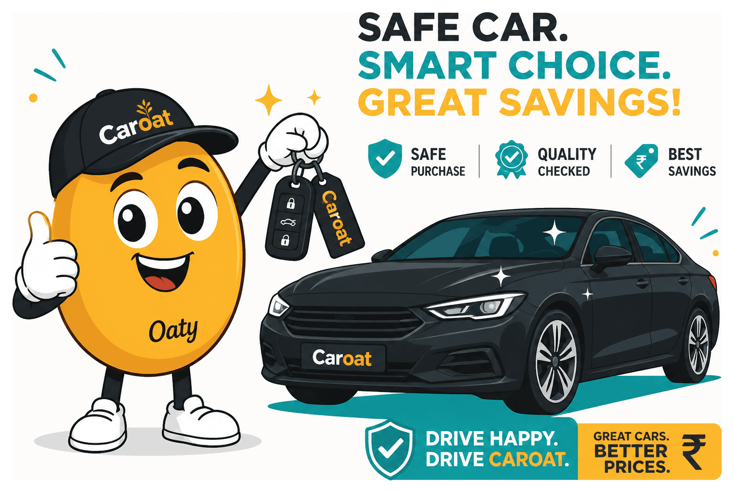 Illustration of Caroat mascot Oaty holding car keys with a thumbs up beside a verified car ready for a safe used car purchase