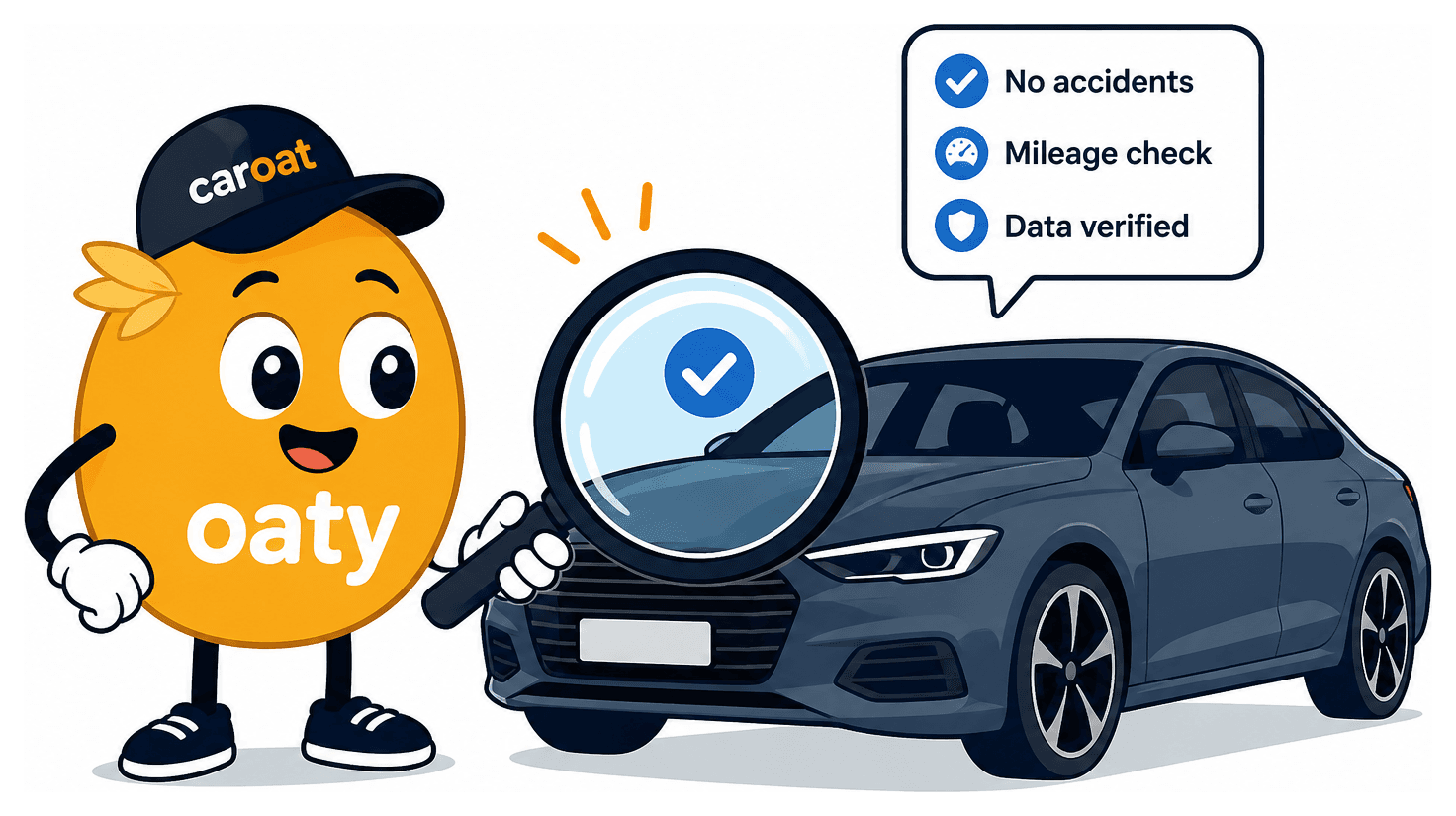 Illustration of Caroat mascot Oaty inspecting a car with a magnifying glass beside vehicle verification status checks