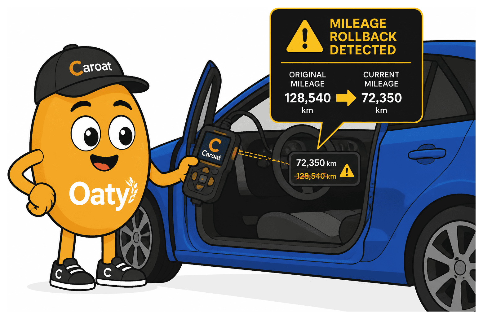Illustration of Caroat mascot Oaty using a digital scanner on a car dashboard to identify mileage rollback discrepancies