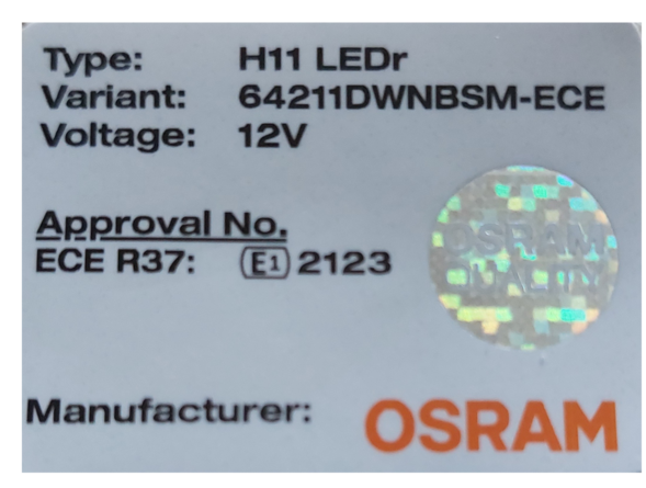 Example LEDr approval sticker showing type H11 LEDr, variant 64211DWNBSM-ECE, 12V, ECE R37 approval number E1 2123 and manufacturer OSRAM, with a hologram